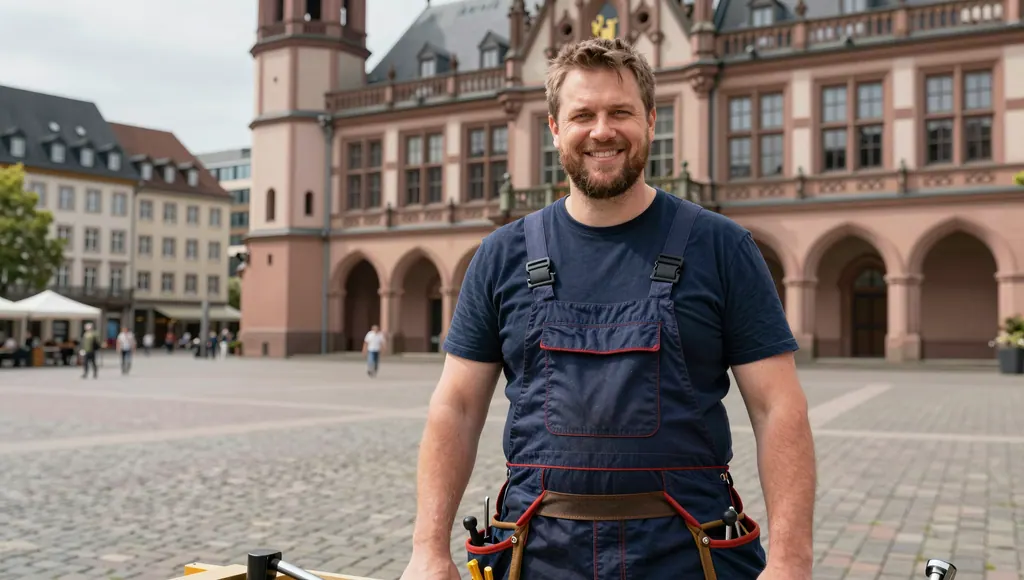 Handwerker vor historischem Rathaus auf gepflastertem Marktplatz