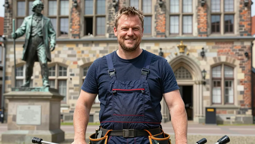 Handwerker vor historischem Rathaus mit Bronzestandbild