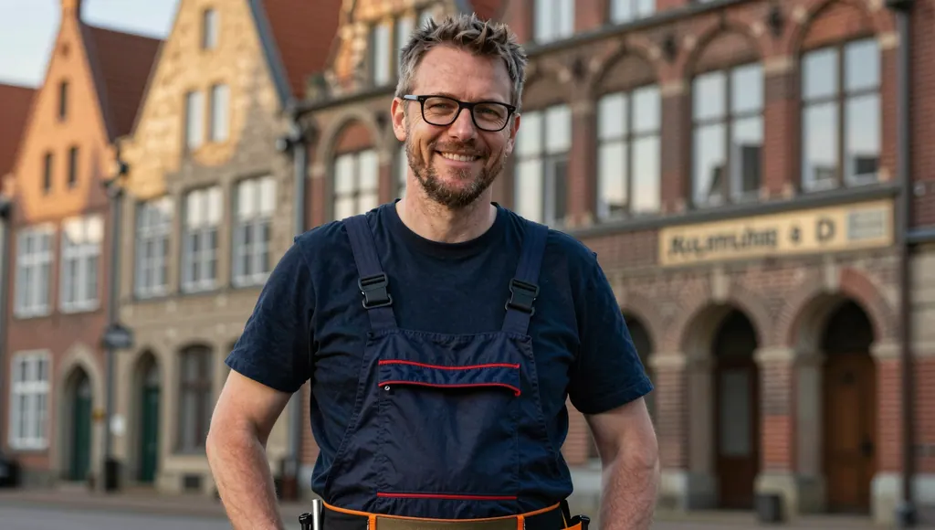 Handwerker vor Backstein-Giebelhäusern einer Altstadt