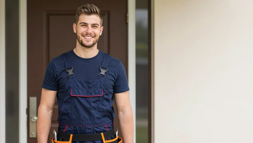 Junger Handwerker mit Werkzeuggürtel vor einem Hauseingang
