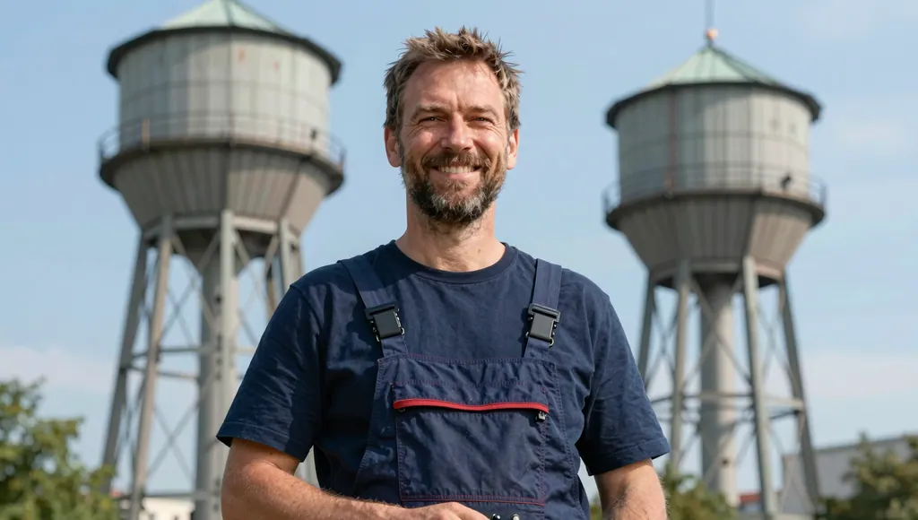 Handwerker vor zwei historischen Wassertürmen