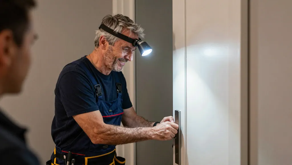 Monteur mit Stirnlampe arbeitet am Schloss einer Wohnungstür