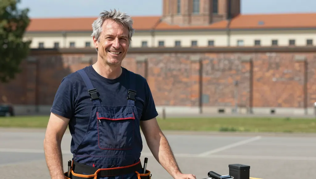 Handwerker vor langer historischer Backsteinmauer mit Turm