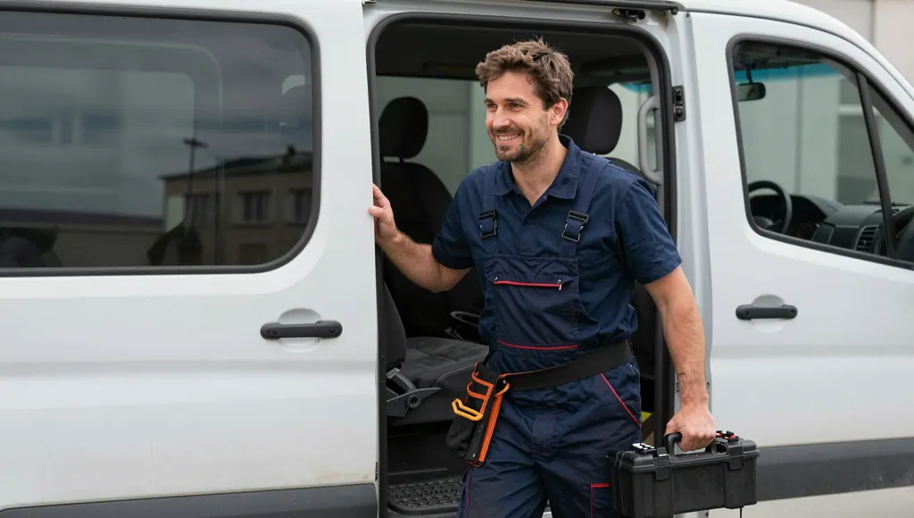 Monteur steigt mit Werkzeugkoffer aus weißem Servicetransporter