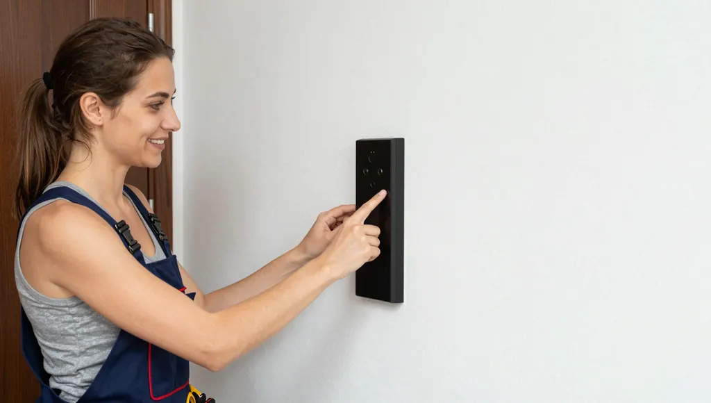Monteurin bedient elektronisches Türterminal an der Wand