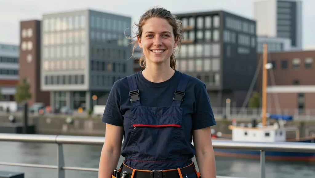 Handwerkerin an moderner Hafenpromenade mit Segelschiff