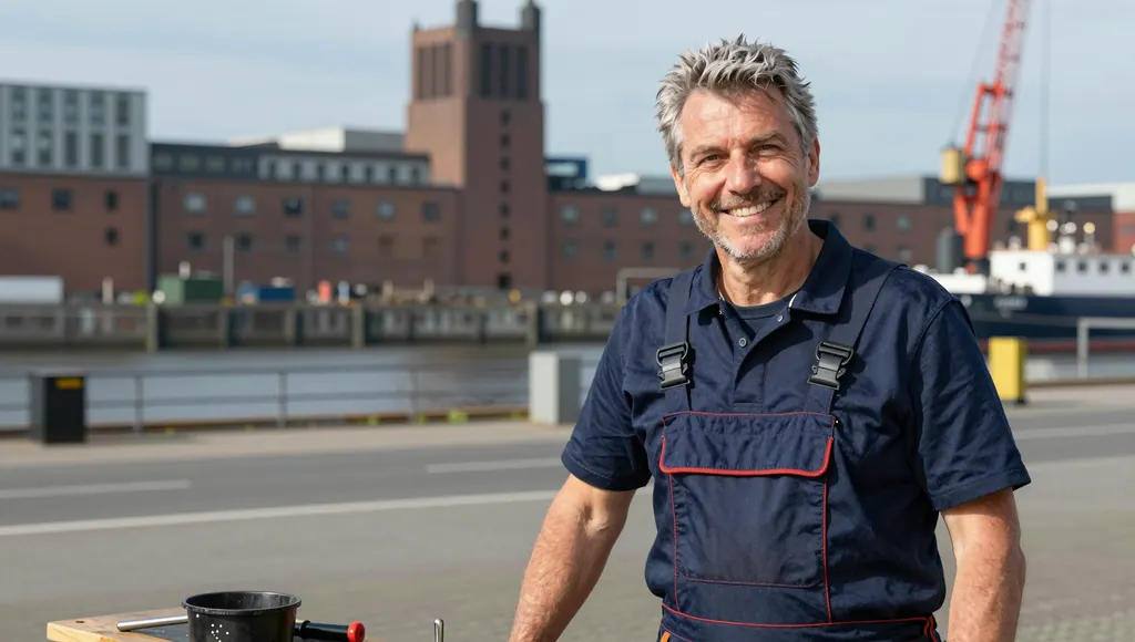 Handwerker vor Hafenbecken mit Backsteinspeicher und Kran