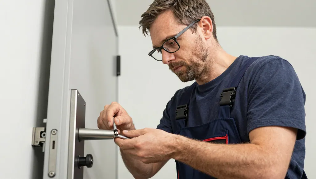 Monteur mit Brille montiert Türdrücker an Sicherheitstür