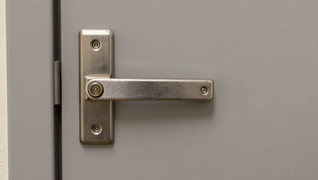 Edelstahl-Türdrücker mit Langschild an grauer Objekttür