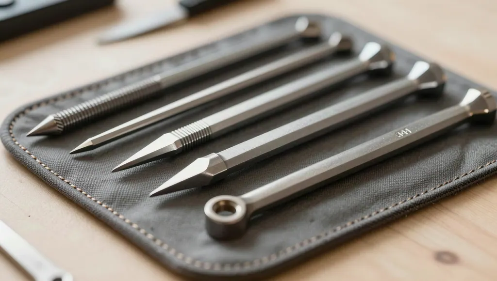 Feine Metallwerkzeuge in einer aufgerollten Werkzeugtasche
